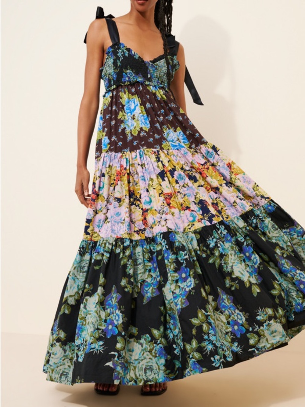 NWT Free People Bluebell Black Multi Floral Tiered Maxi Dress Boho Floral Sz XS